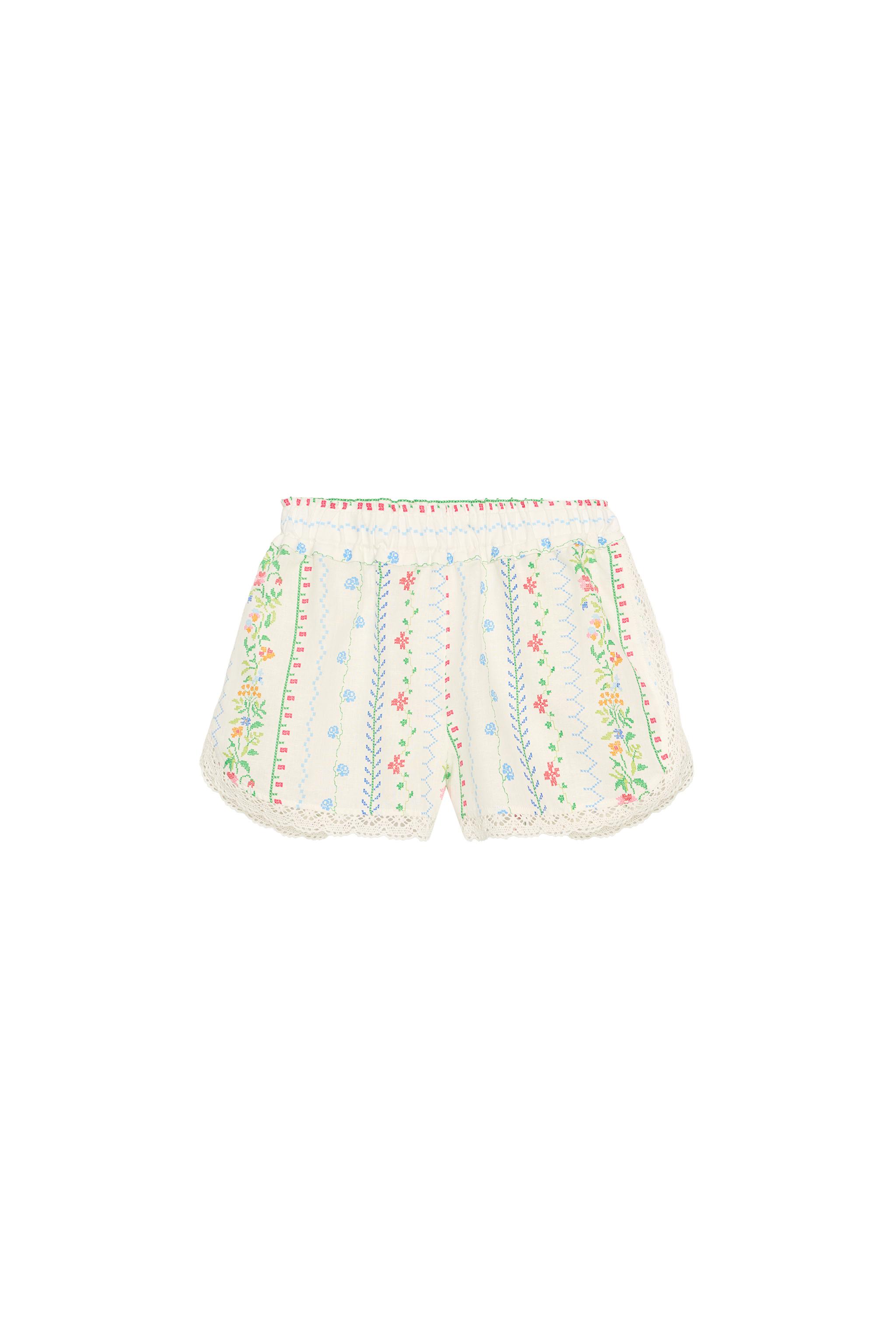 FLORAL PRINT LINEN SHORTS WITH LACE TRIM